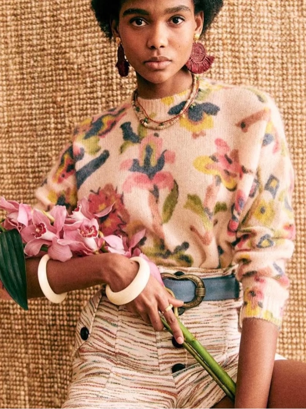 SEZANE Floral Jumper Knit Mohair Wool Blend Sweater Crewneck Cream/ Multicolor